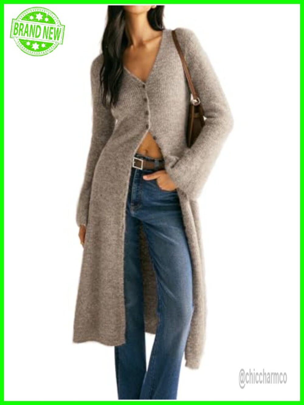 Women's V-Neck Button Maxi Cardigan Bell Long Sleeve Open Front Sweater Dress